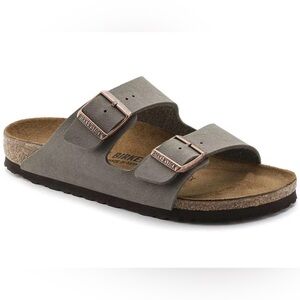 Birkenstock Arizona Two-Strap Sandal in Gray with Rose Buckles